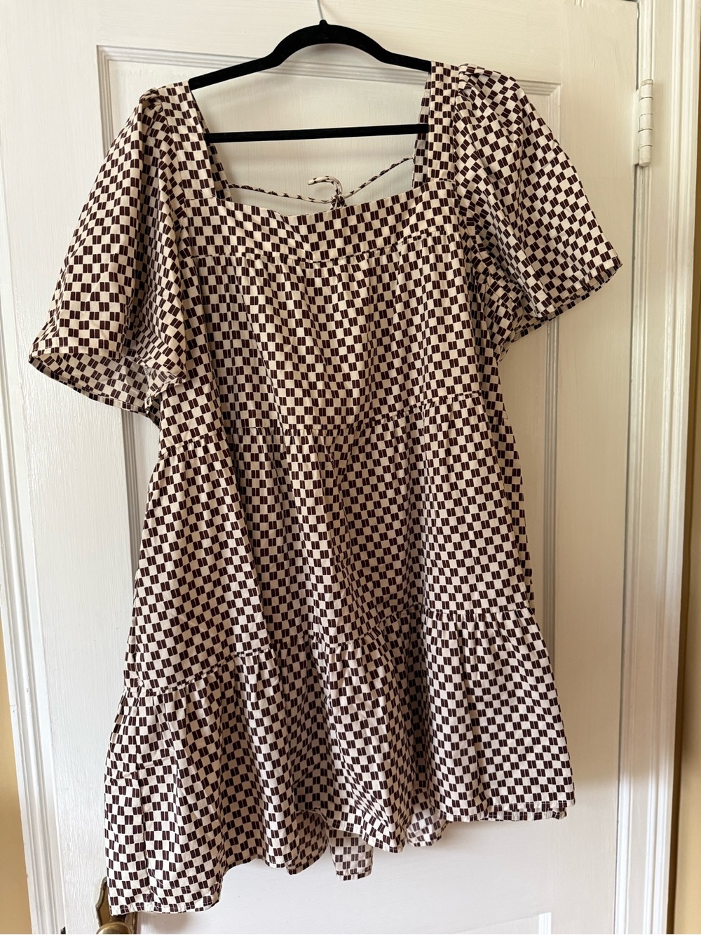 Square Neck Check Babydoll Mini Dress - Brown/White - Picture 6 of 7